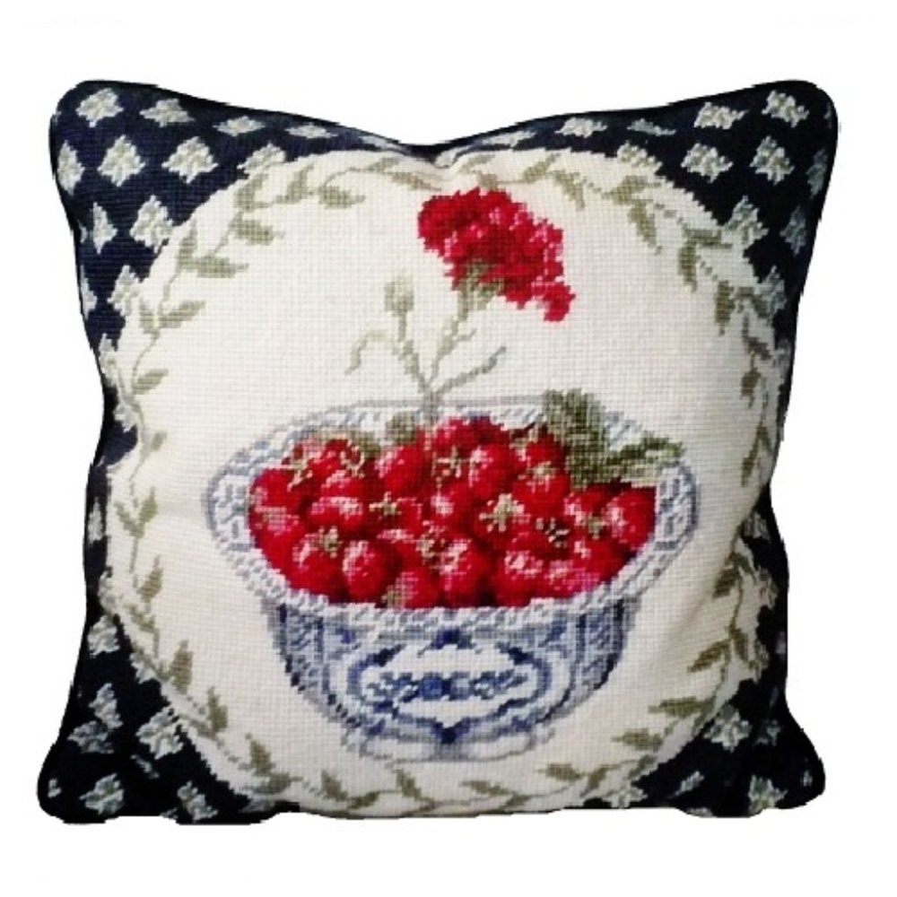 Needlepoint Pillow Strawberries in Blue + White Chinoiserie planter